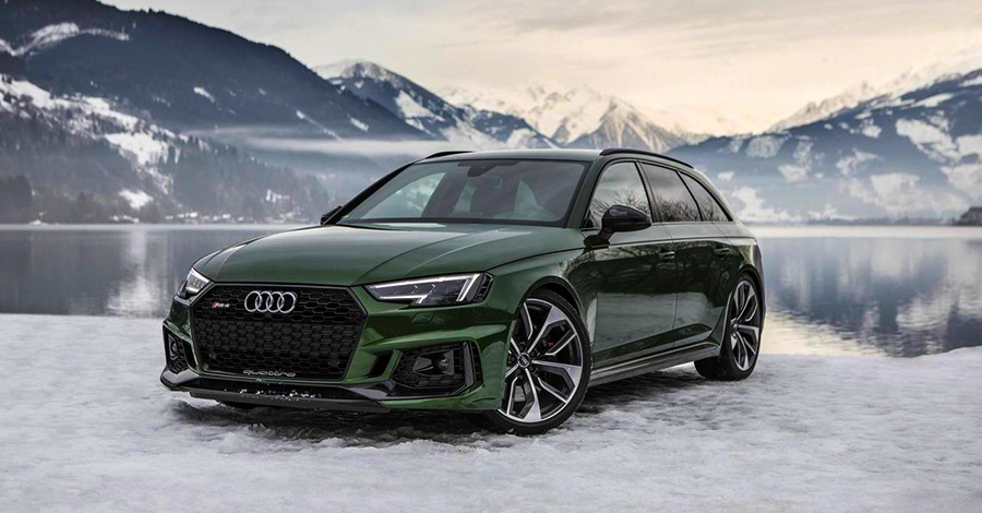 Audi RS4 Avant szemből, a háttérben hegyekkel